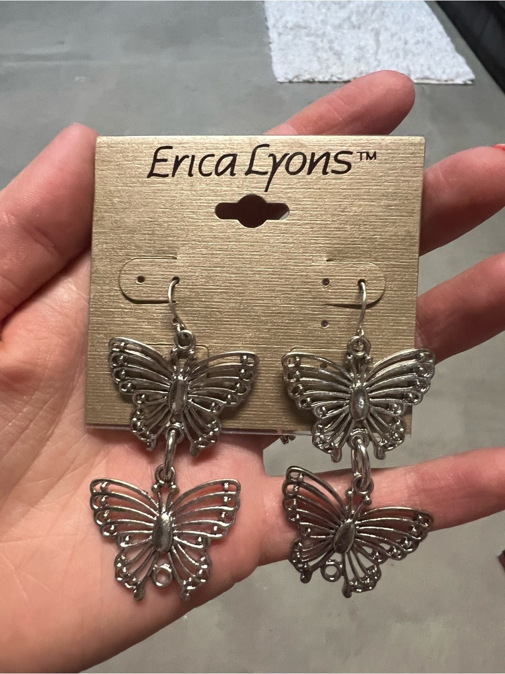 Erica Lyons Antique Silver Double Butterfly Drop Earrings